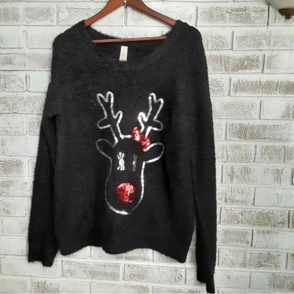 No Boundaries Sweaters - No Boundaries Black Sweater with Red Reindeer Design